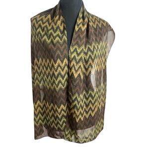 Vintage Chevron Sheer Scarf Wrap Missoni Style Boho Brown Green 60x14” 1970s